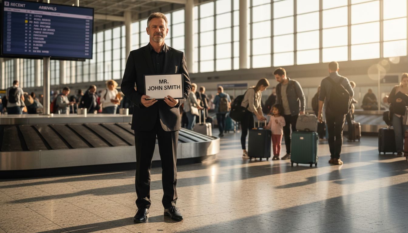 chauffeur-prive-costume-noir-panneau-sarah-jones-accueil-vip-aeroport-nice-cote-azur