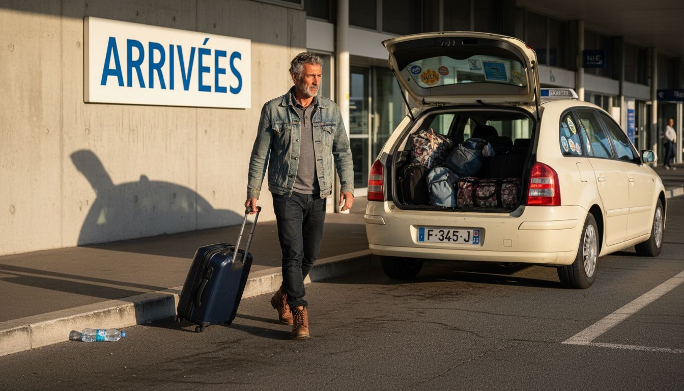 Traveler approaches taxi at Nice airport curb