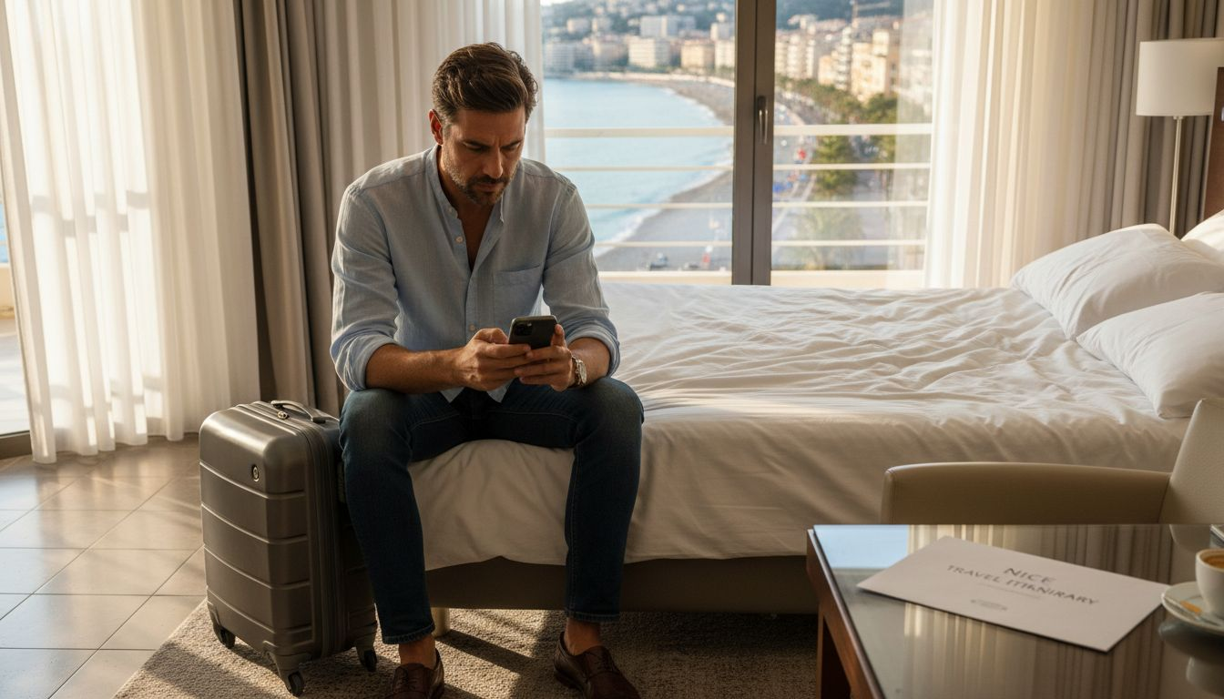 Traveler booking luxury transport in hotel room