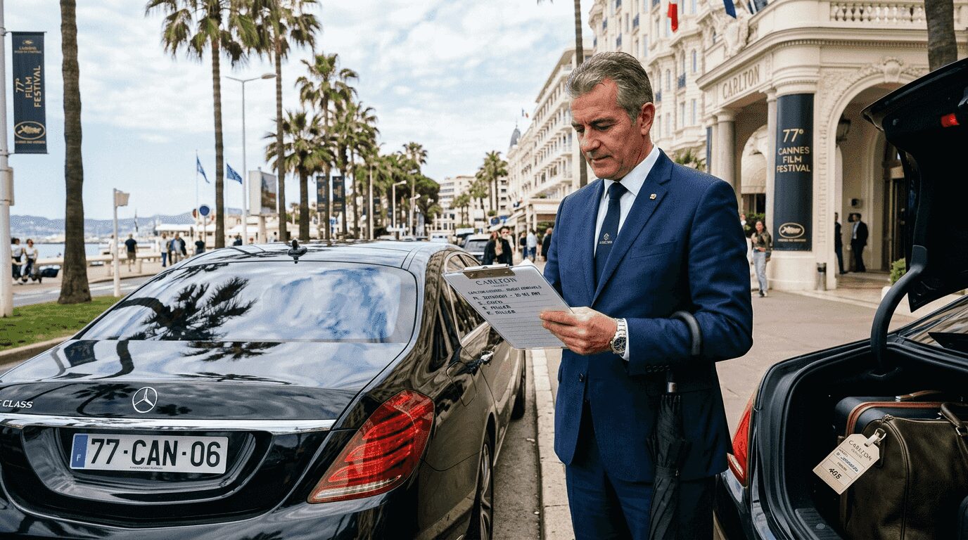 Nice airport transfer -Chauffeur awaits client at Cannes luxury hotel TranspOnyx