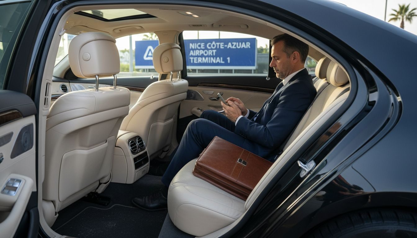Business traveler in luxury sedan at airport to Avignon with TranspOnyx