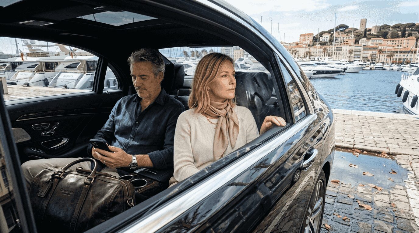 Couple in luxury car Cannes marina TranspOnyx