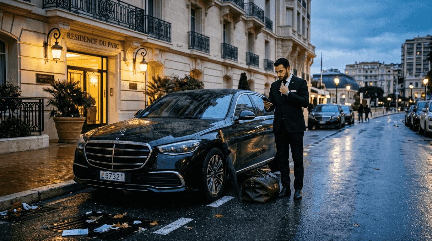 Chauffeur preps luxury car Monaco airport TranspOnyxpickup