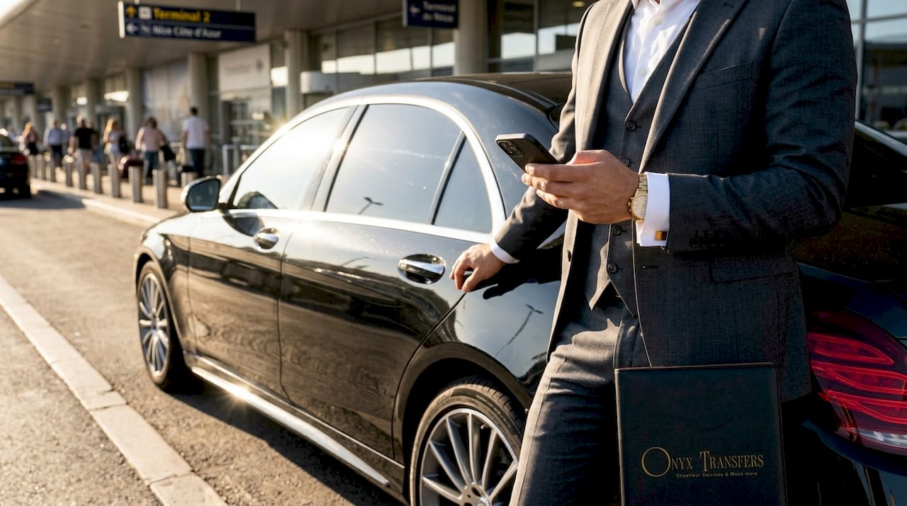 Chauffeur with luxury car at Nice airport curb