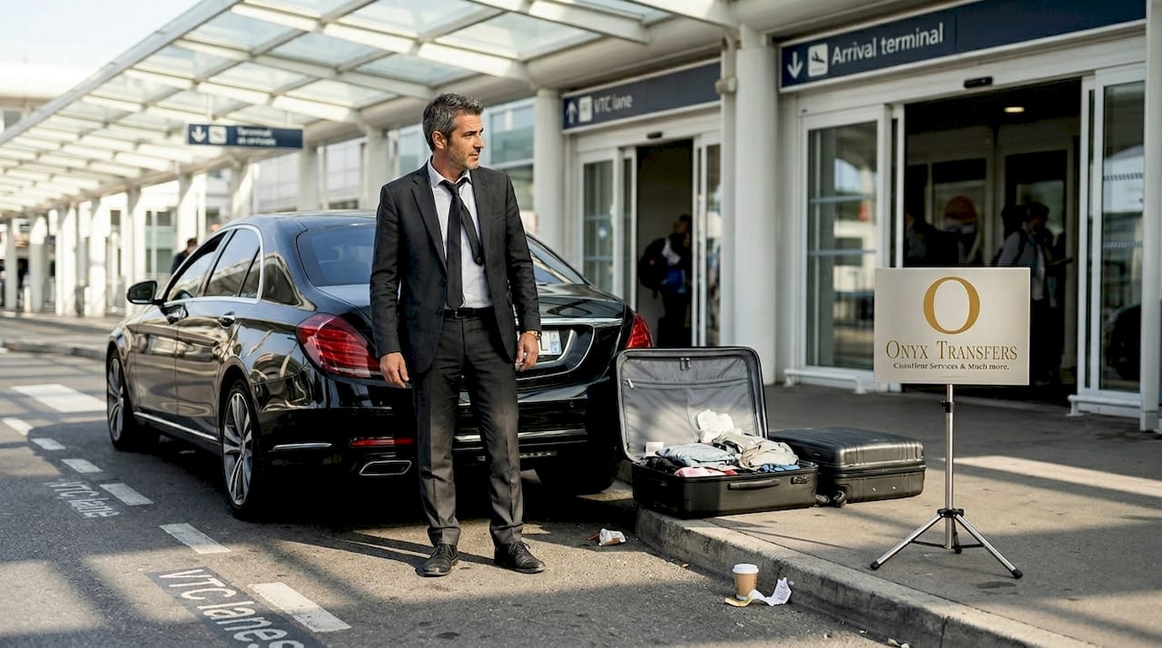VTC chauffeur greets client at Nice airport