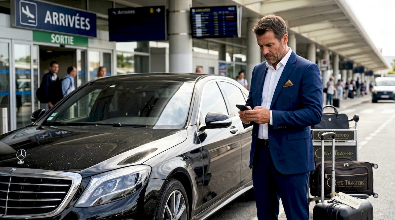 Executive chauffeur with luxury car at Nice airport