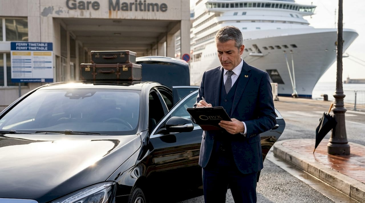 Chauffeur with luxury car near Monaco port