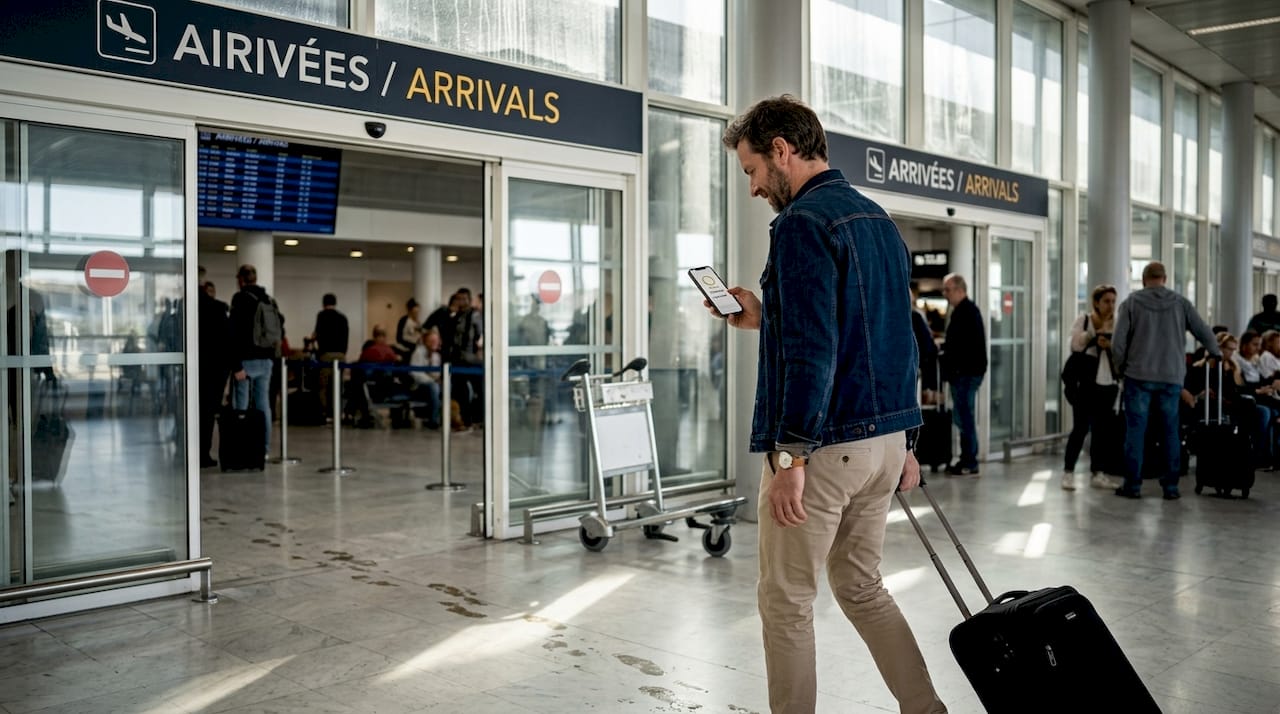 transponyx-client-voyageur-valise-consultation-smartphone-arrivees-aeroport-nice-transfert-prive