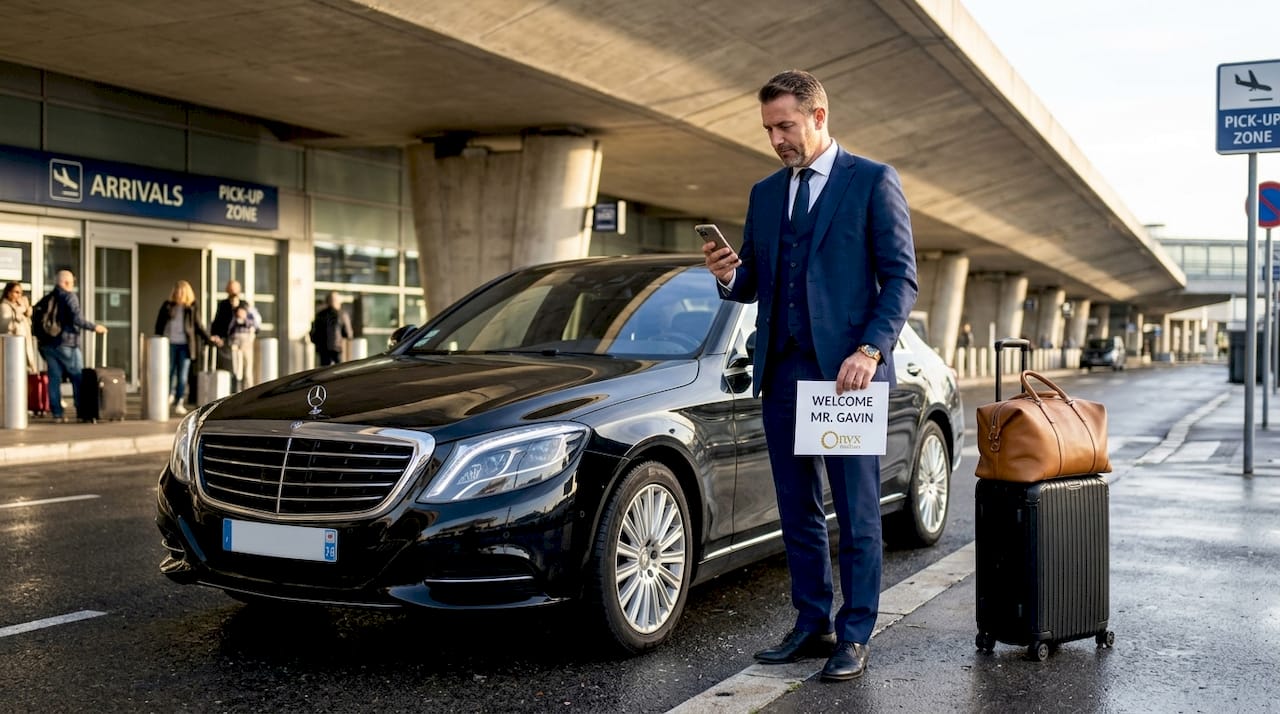 transponyx-chauffeur-prive-costume-mercedes-classe-s-accueil-vip-panneau-onyx-aeroport-nice-monaco