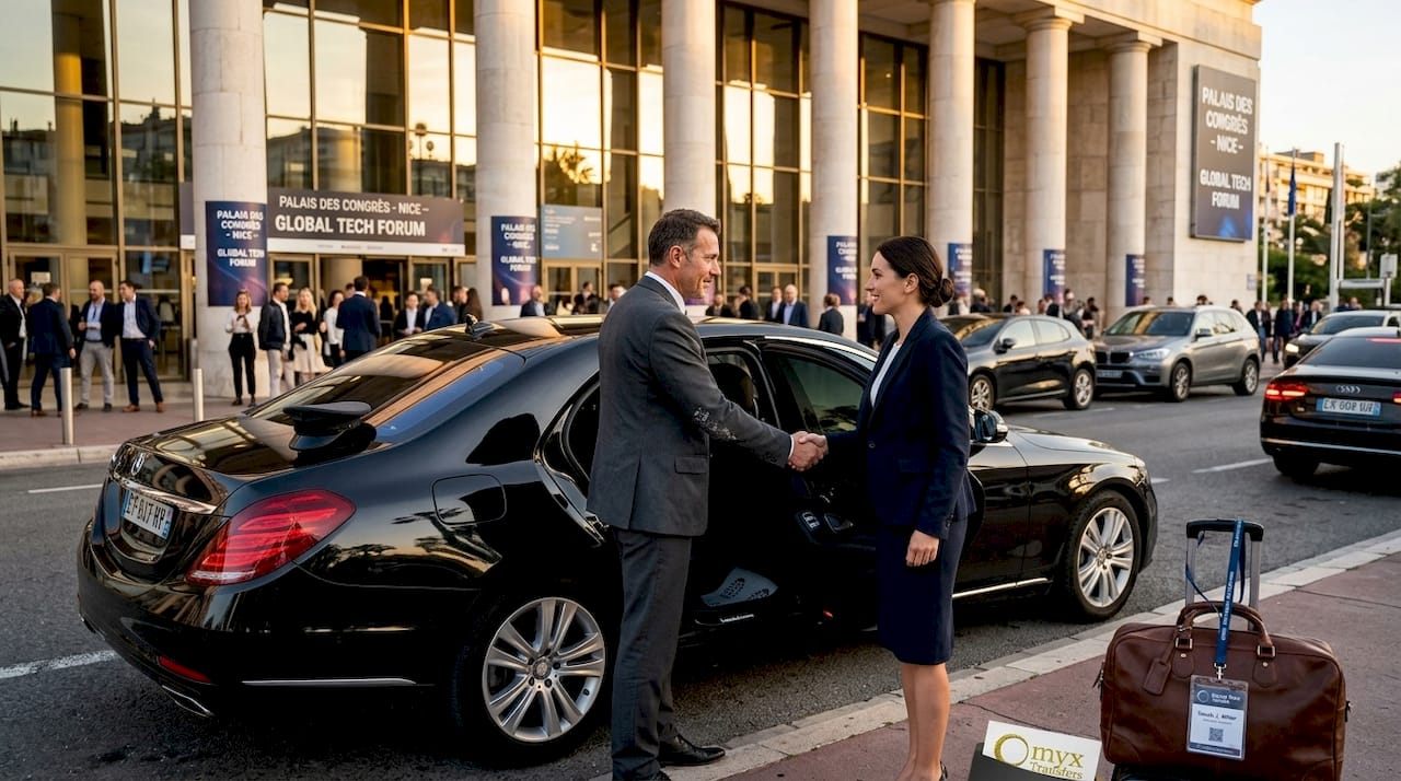 Chauffeur privé VTC TranspOnyx accueillant un passager à l'aéroport de Nice - transfert vers Monaco et Cannes