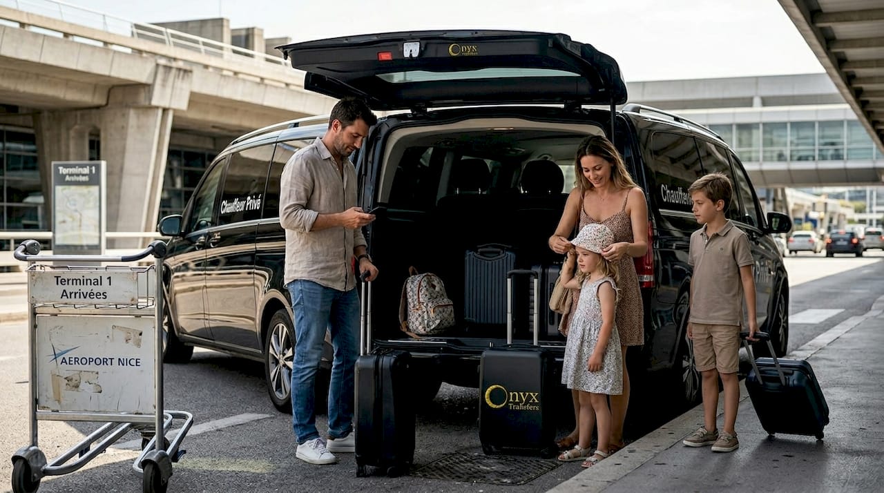 Famille chargeant les bagages dans un van Mercedes TranspOnyx - transfert groupe famille aéroport Nice Côte d'Azur
