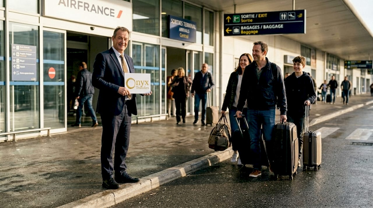 Chauffeur privé TranspOnyx accueillant des voyageurs à l'aéroport de Nice - transfert aéroport Nice Côte d'Azur