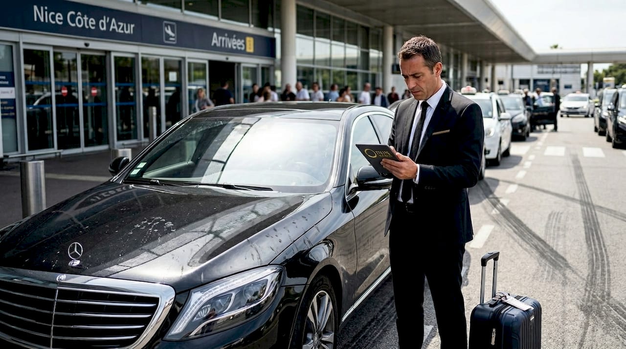 Chauffeur privé TranspOnyx vérifiant la liste des passagers devant l'aéroport de Nice - VTC Nice Monaco Cannes