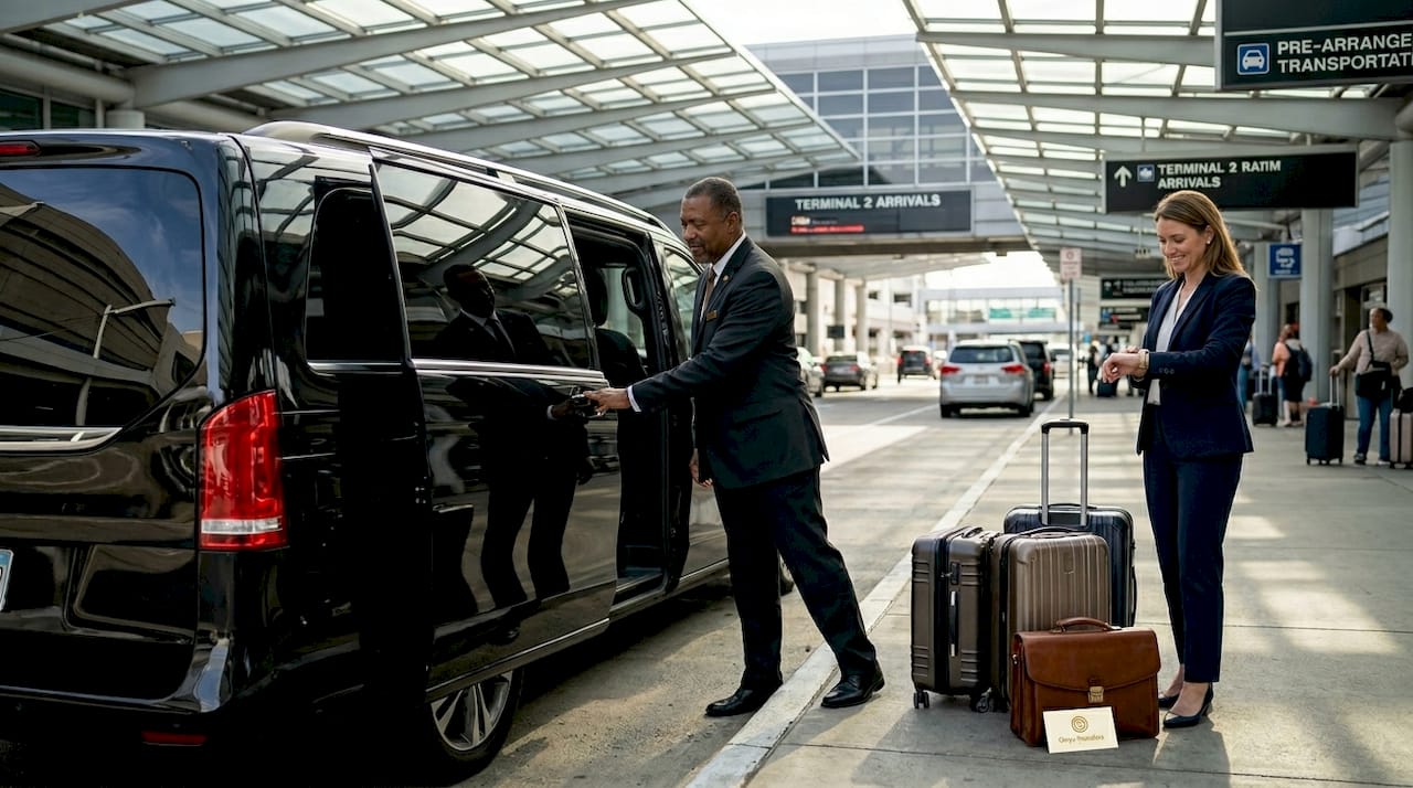 Chauffeur VTC Nice aidant un passager à l'aéroport avec van Mercedes - service qualité supérieur à Uber Nice