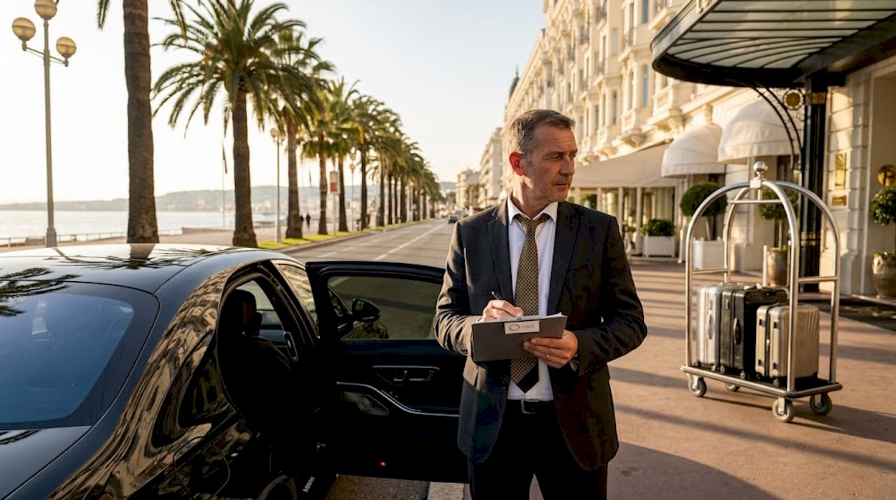 Chauffeur preparing luxury event car in Nice