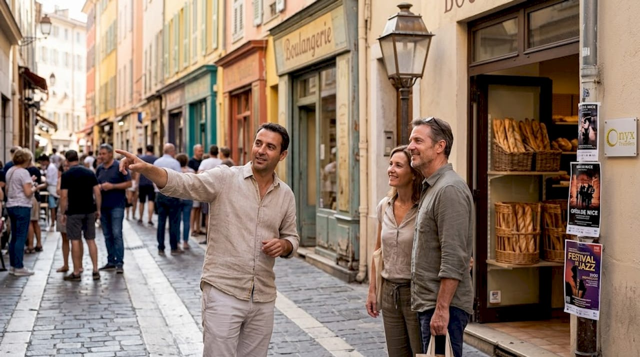 Tour guide leads group in Nice old town