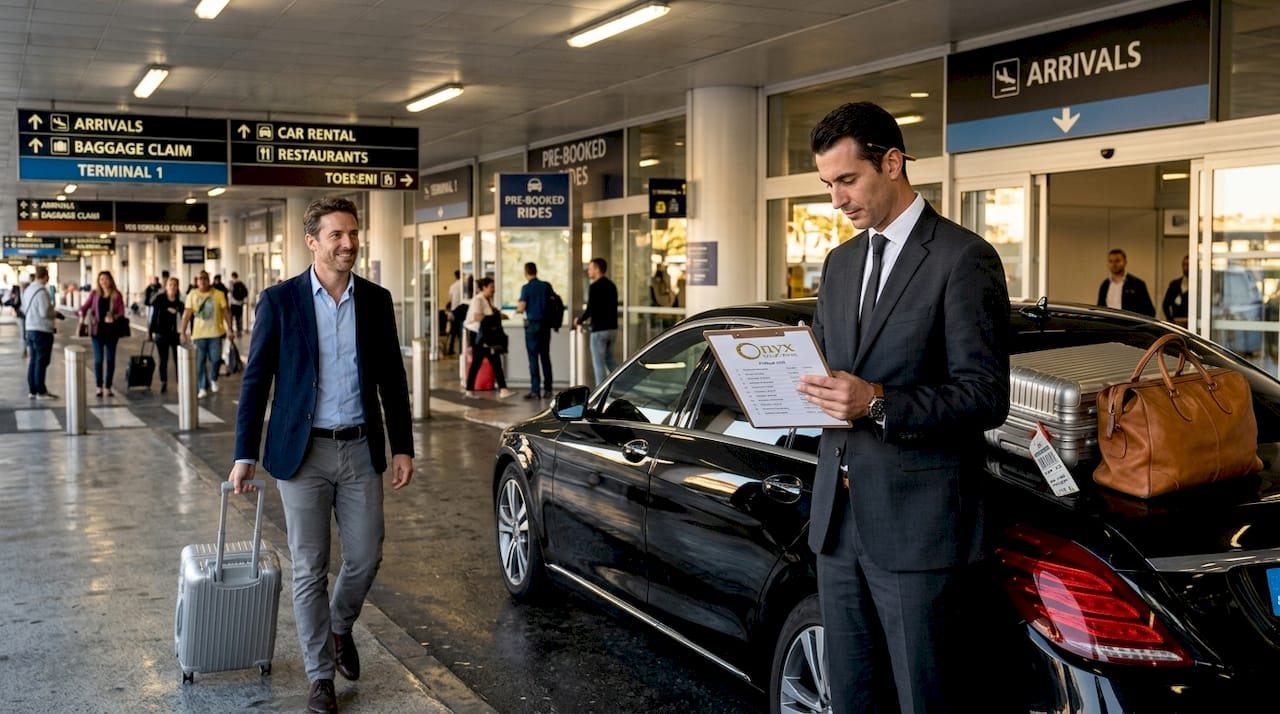 Chauffeur meets traveler at Nice airport curb