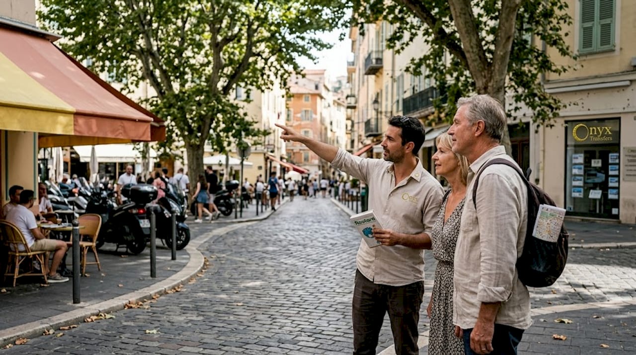 Couple listening to guide on Nice street corner