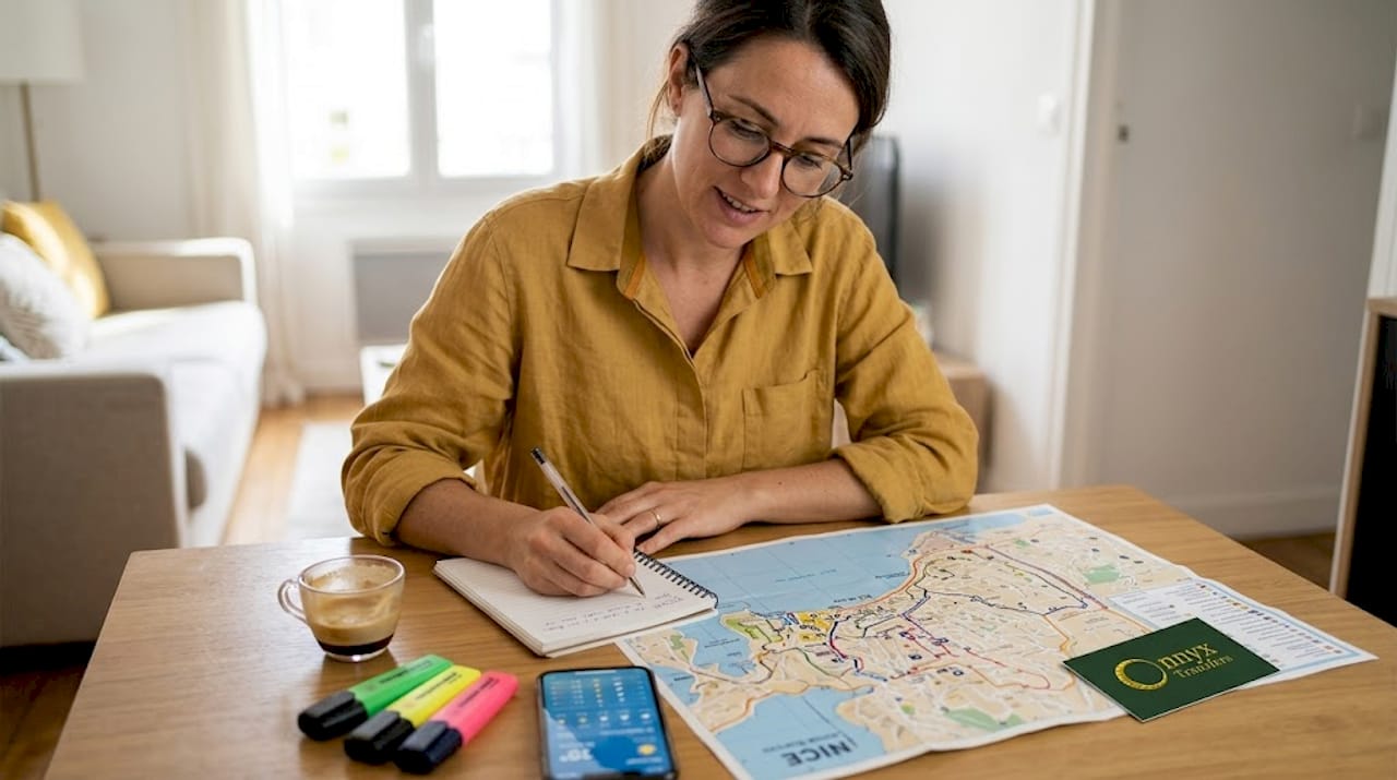 Tour coordinator planning group city tour at home table