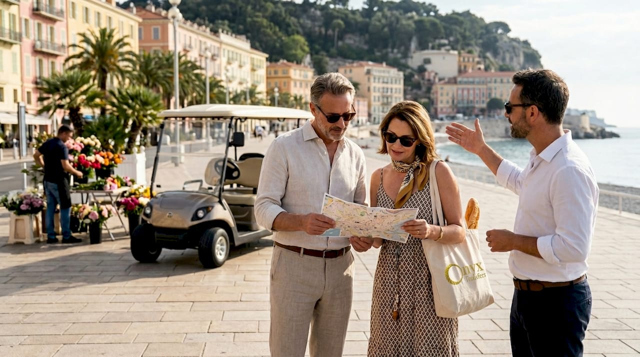 Couple with guide on Nice promenade tour