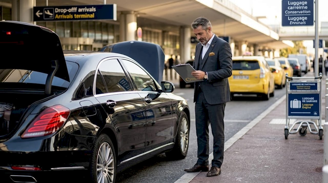 Chauffeur waiting outside Nice airport terminal