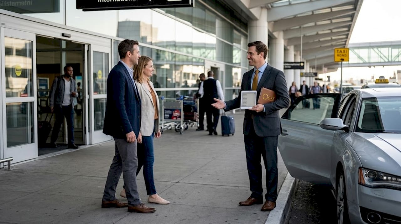 Chauffeur greeting travelers at airport curbside