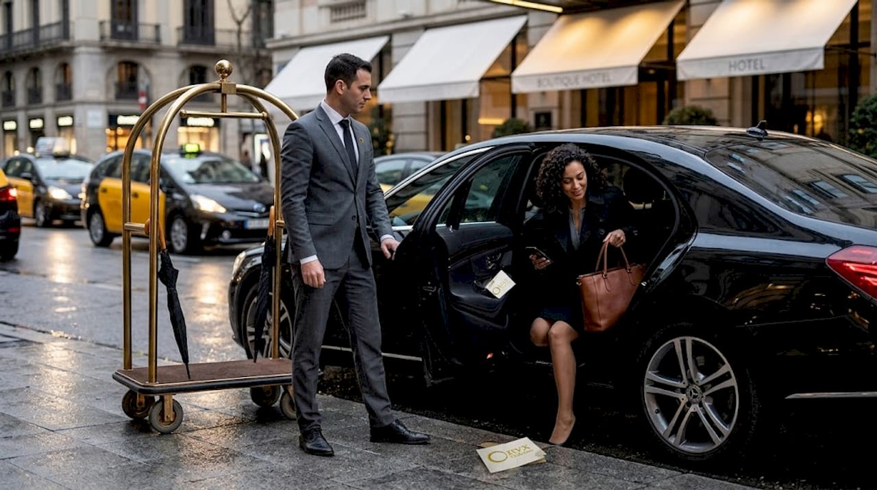 Chauffeur assists arrival from luxury sedan