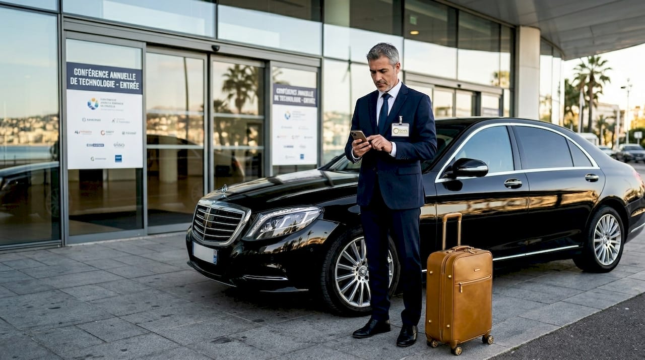 Chauffeur with Mercedes sedan near Nice event venue