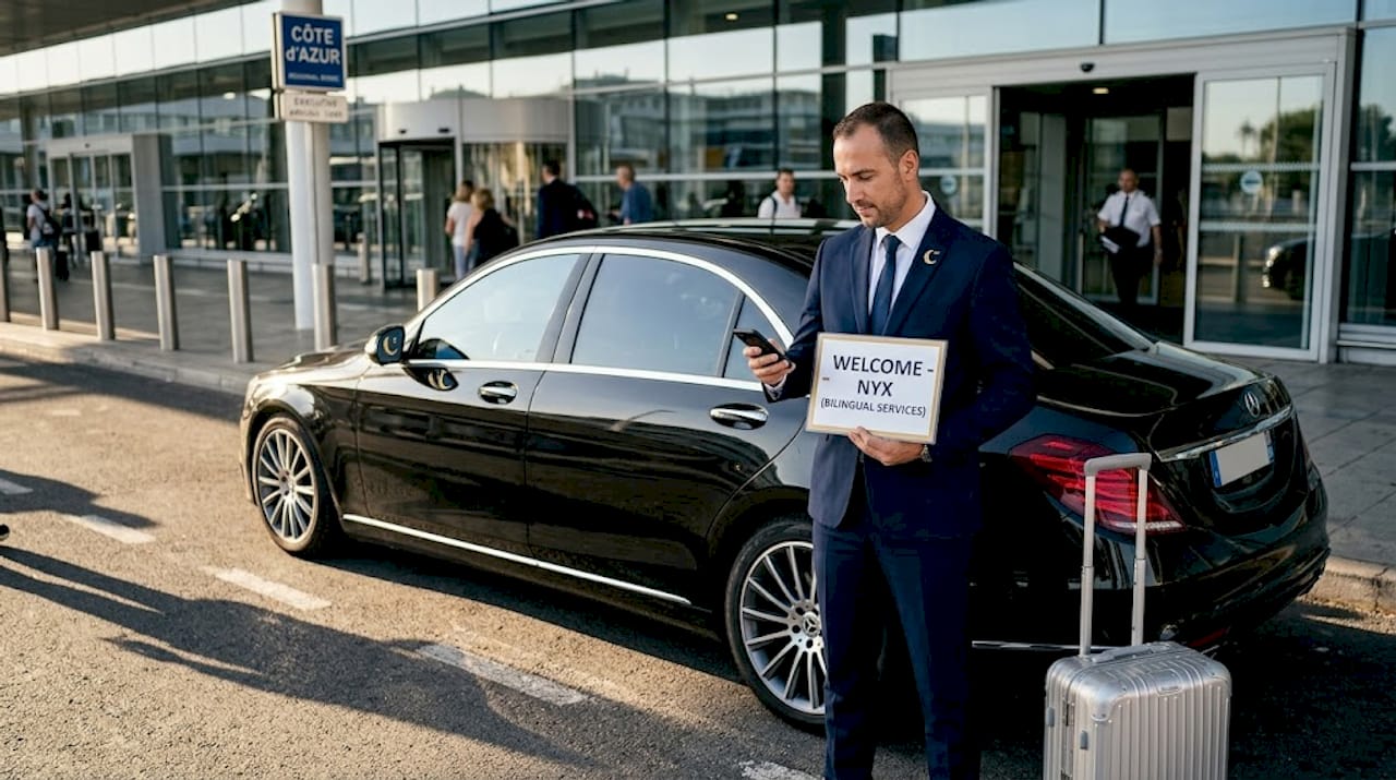 Bilingual chauffeur greets client at airport curb