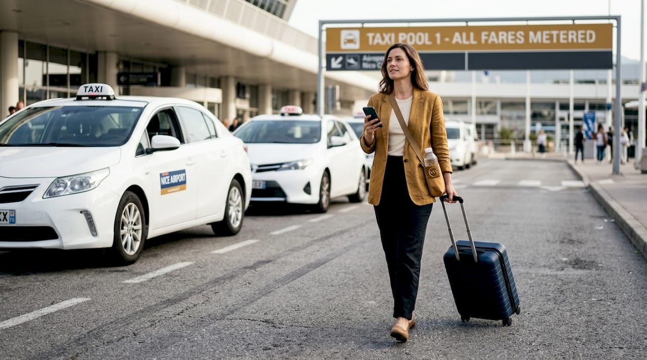 Traveler heading to Nice airport taxi pickup zone
