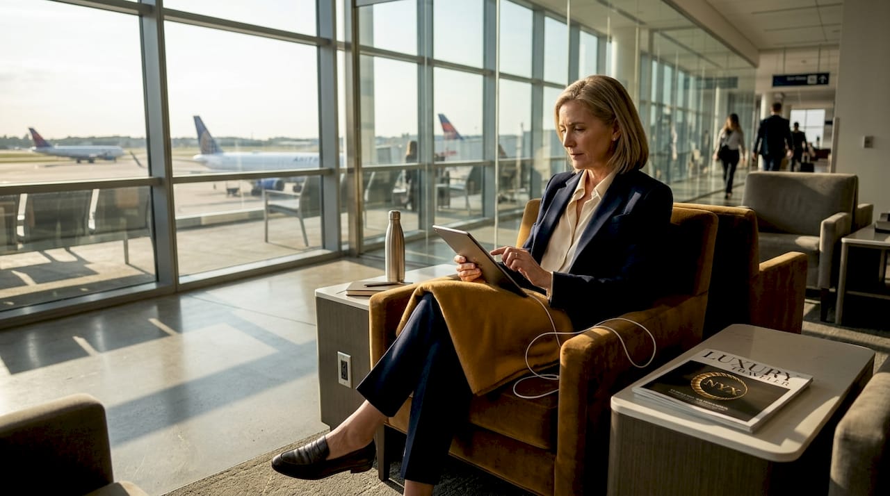 Executive in airport lounge reviewing travel plans