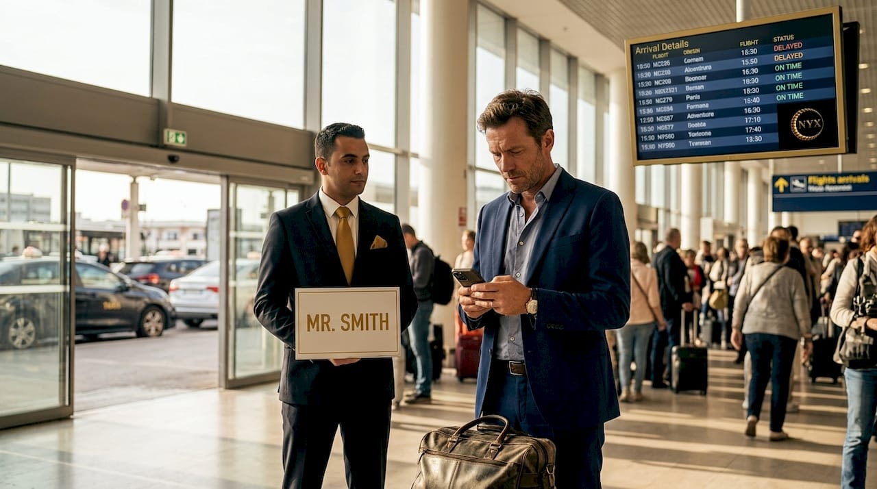 Business traveler greeted by airport chauffeur