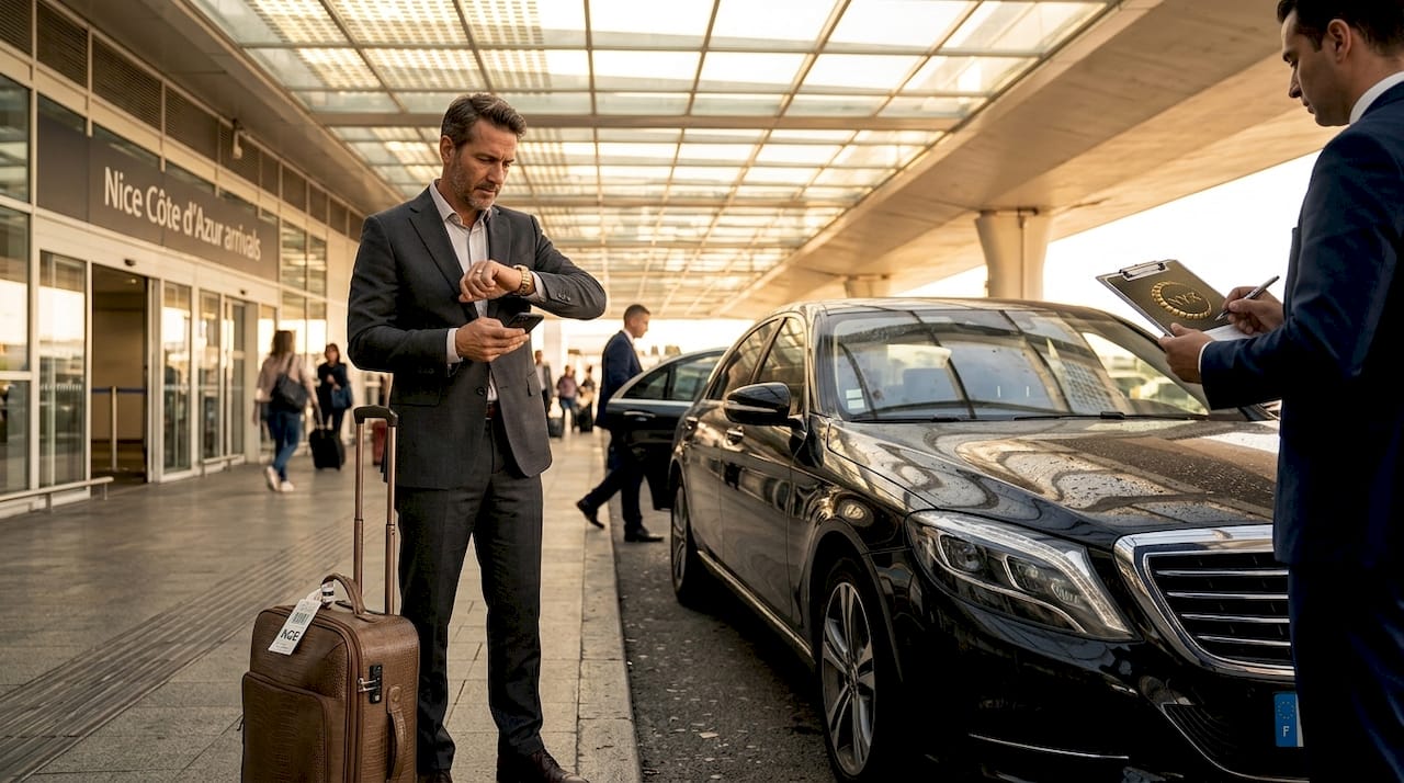 Traveler awaits luxury transfer outside airport