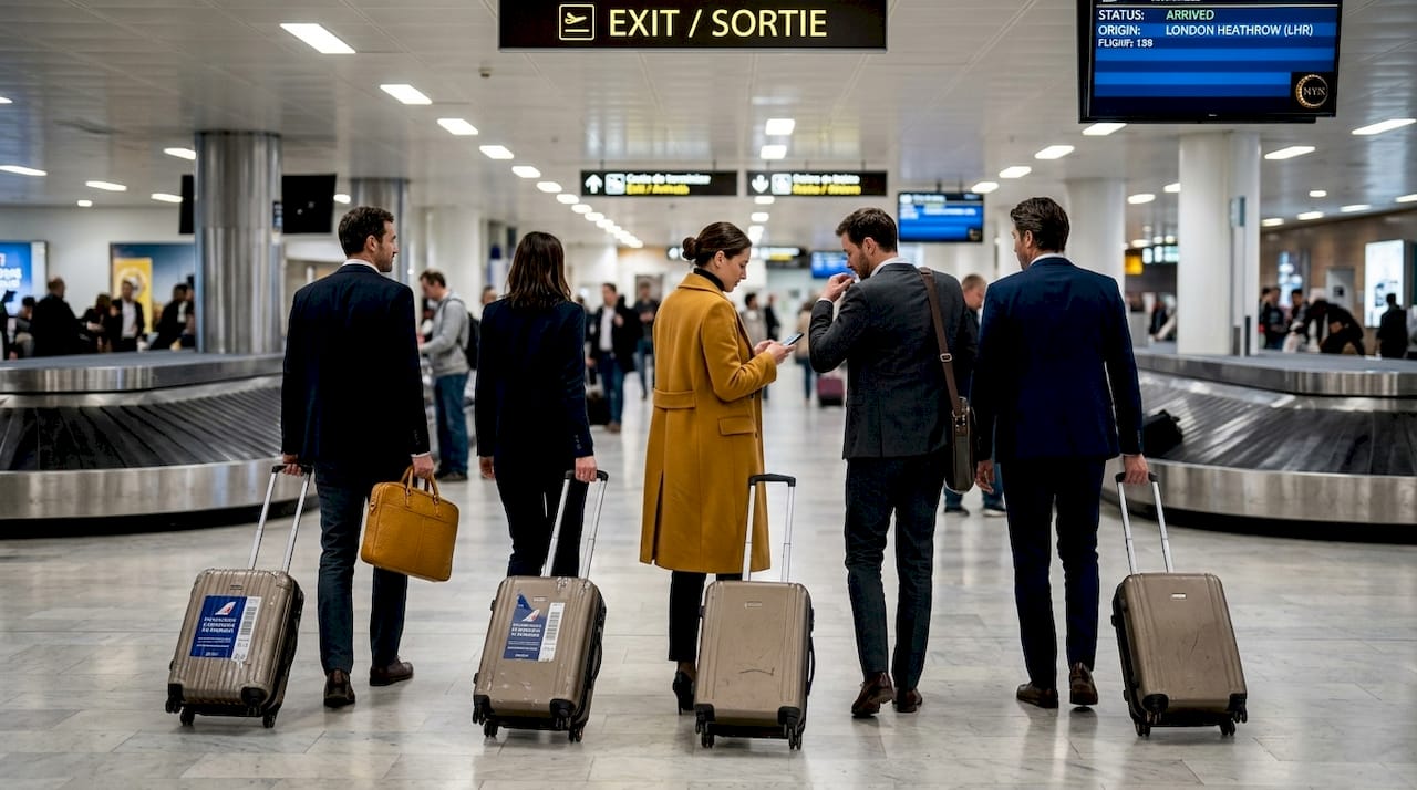Business travelers walking in Nice airport arrivals hall
