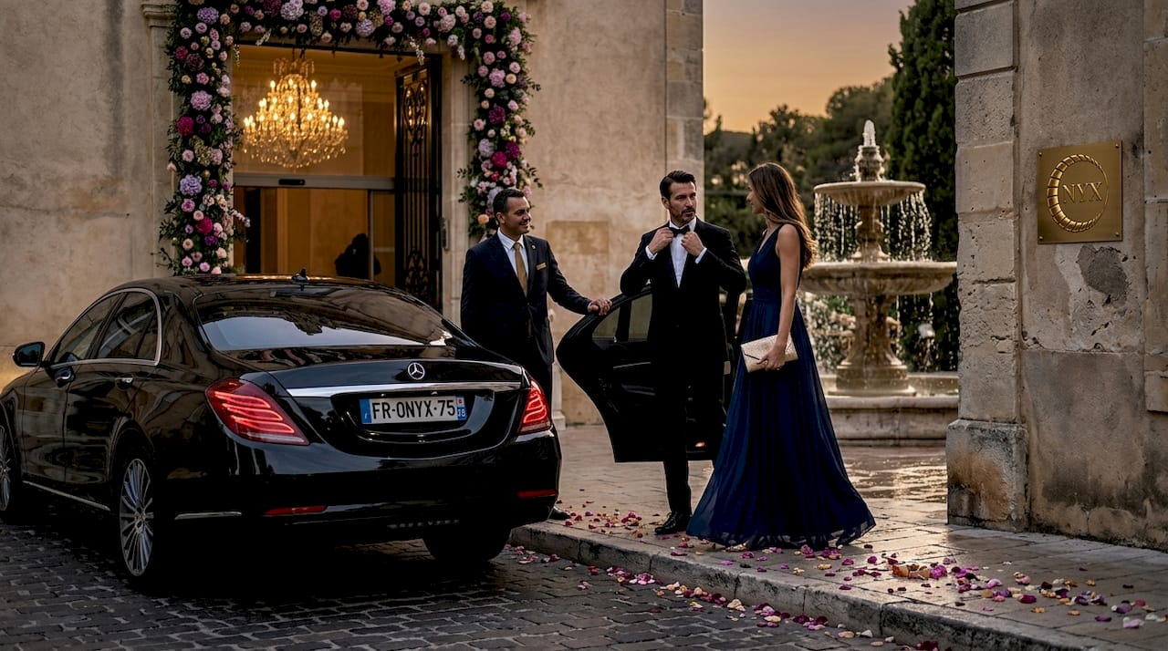 Elegant couple arriving by chauffeur at luxury gala