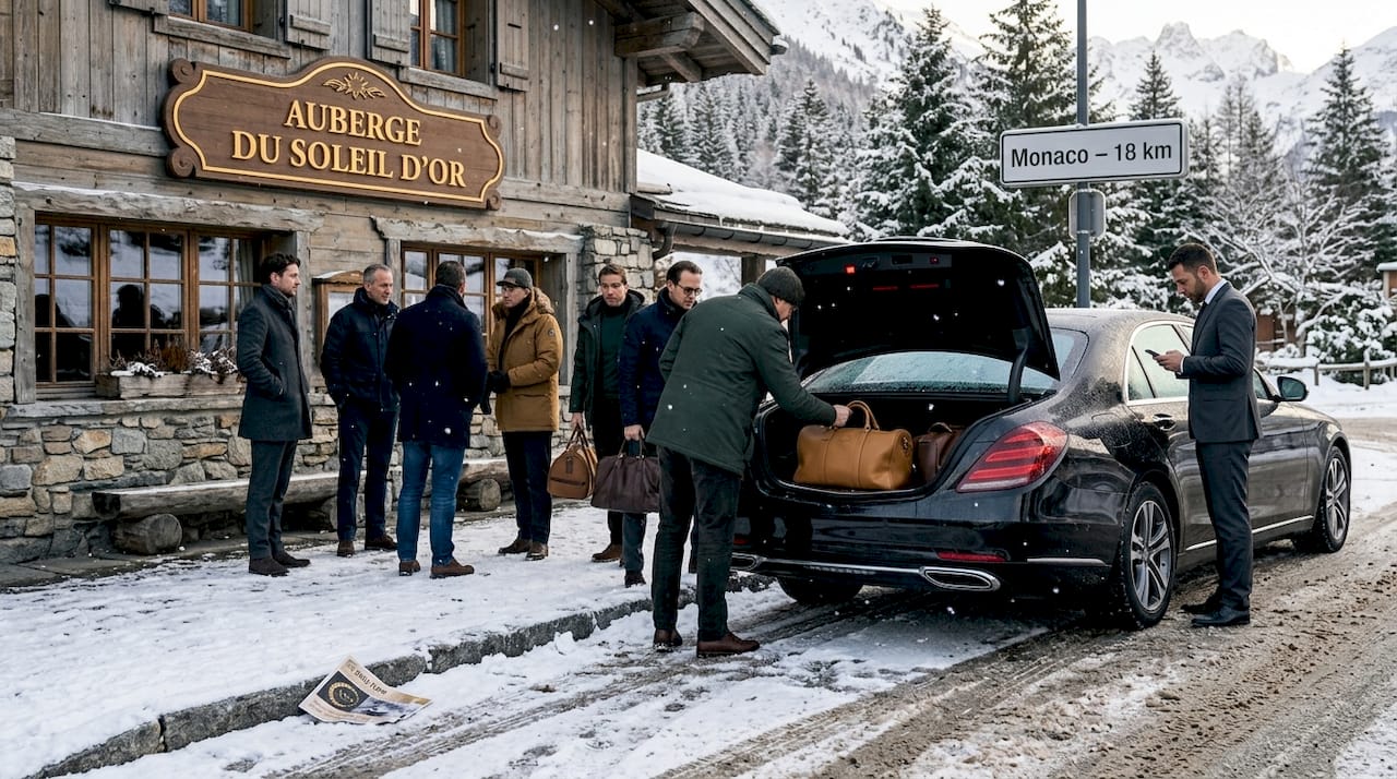Rally fans and driver load sedan in snowy Alpine village