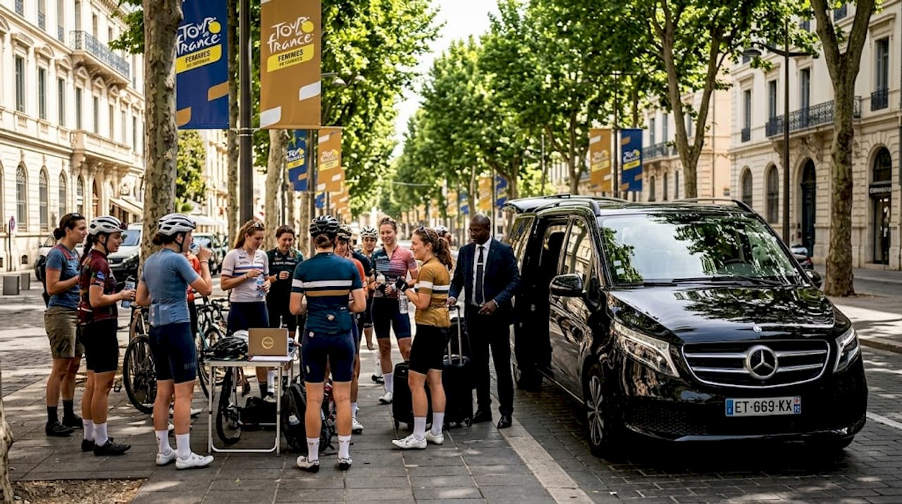 Tour group entering private van in Nice