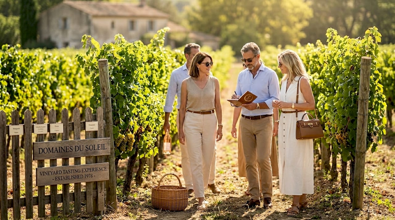 Group enjoying wine tasting in sunny Provence vineyard