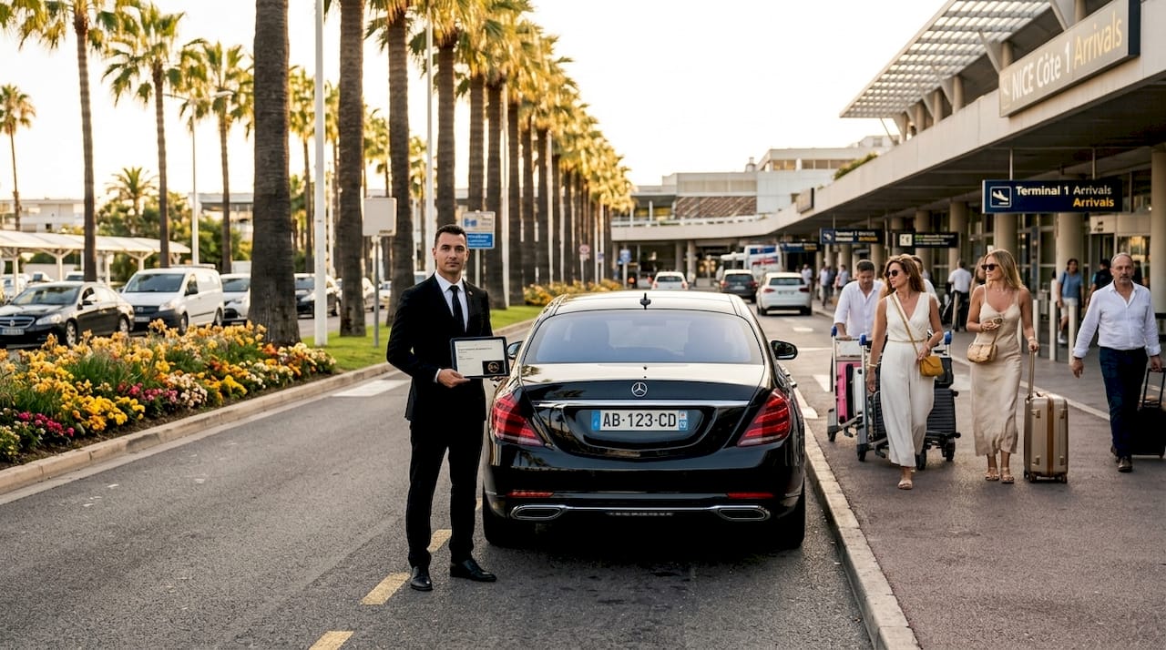 VTC chauffeur waiting near Nice airport arrivals