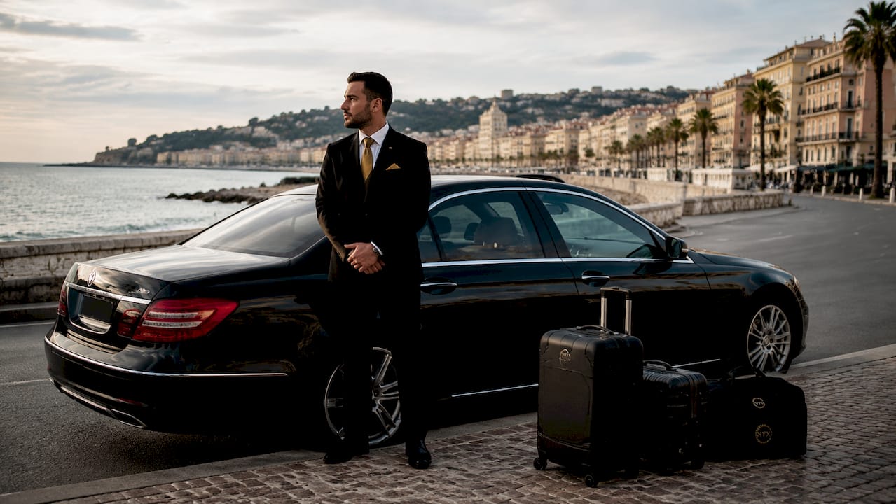 Chauffeur opening car door at Nice Airport for private transfer