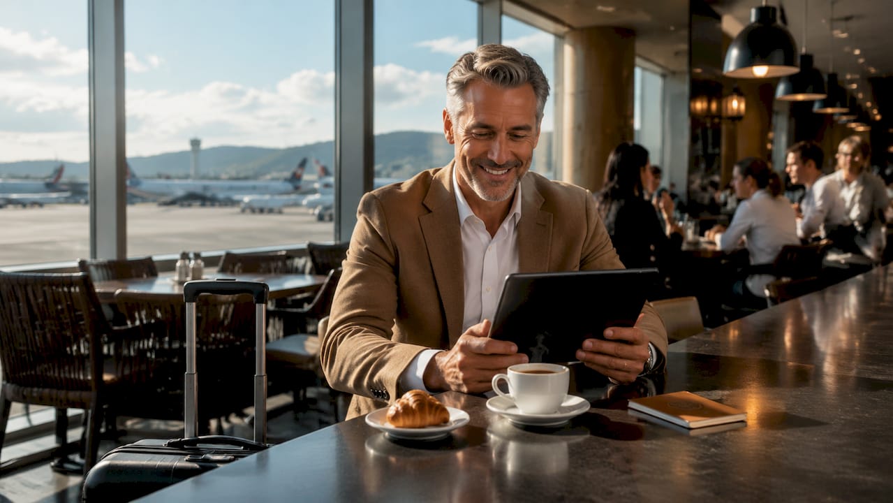 Professional traveler checking digital itinerary in airport lounge
