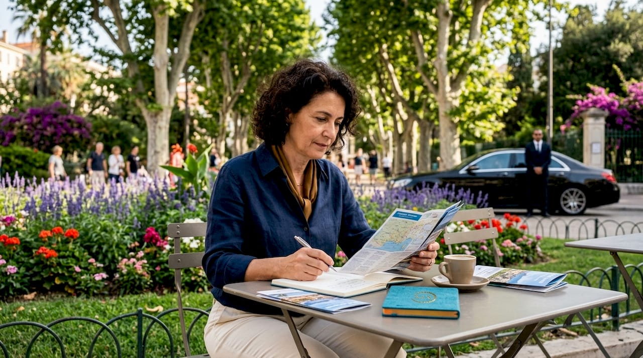 Woman reviewing travel brochures in agency