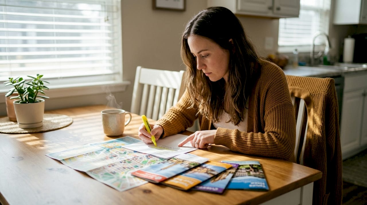 Woman planning city tour itinerary at home