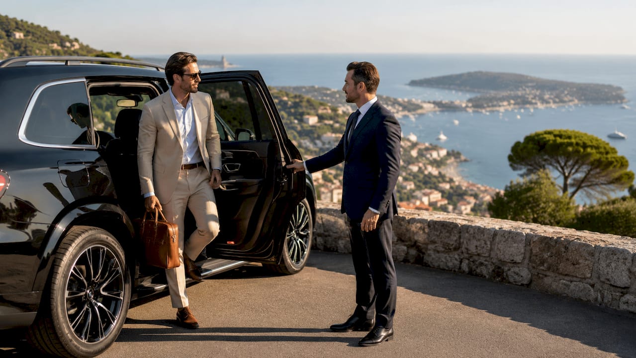 Mercedes sedan with chauffeur and passenger on coastal road at Antibes French Riviera under warm afternoon light.