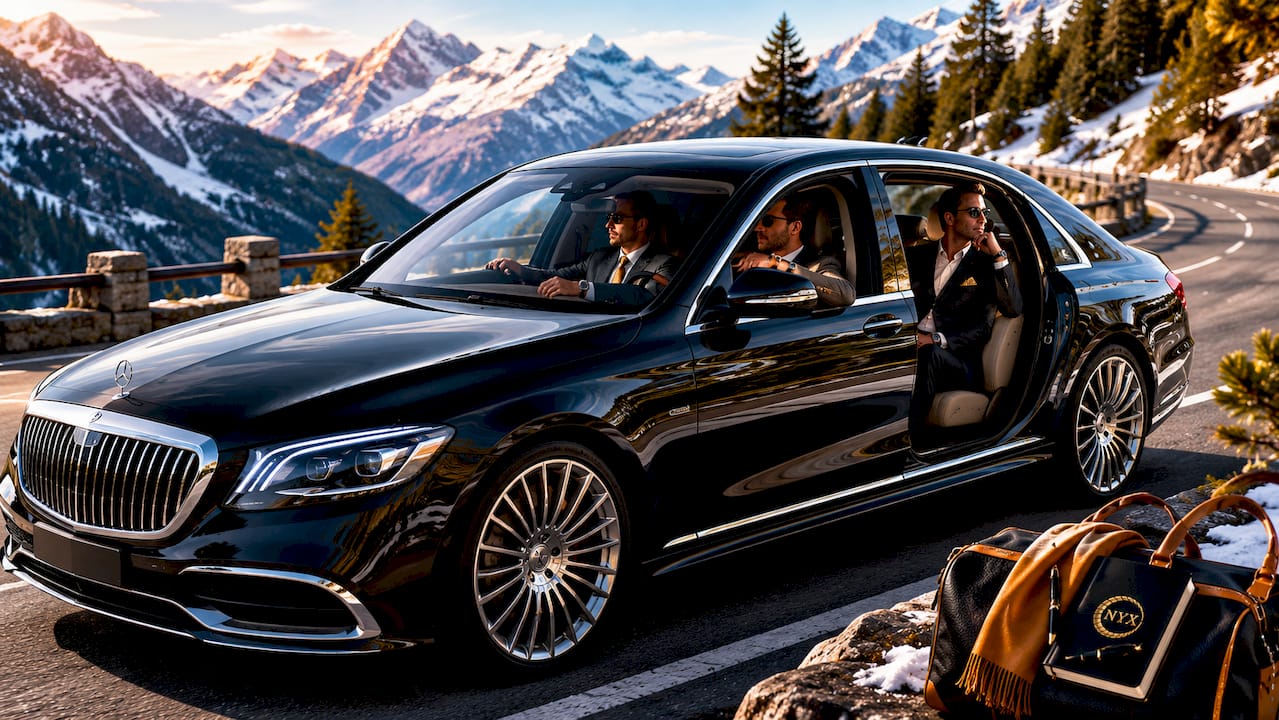 Black Mercedes sedan chauffeured along coastal road near Antibes with executive passenger - luxury travel on French Riviera.