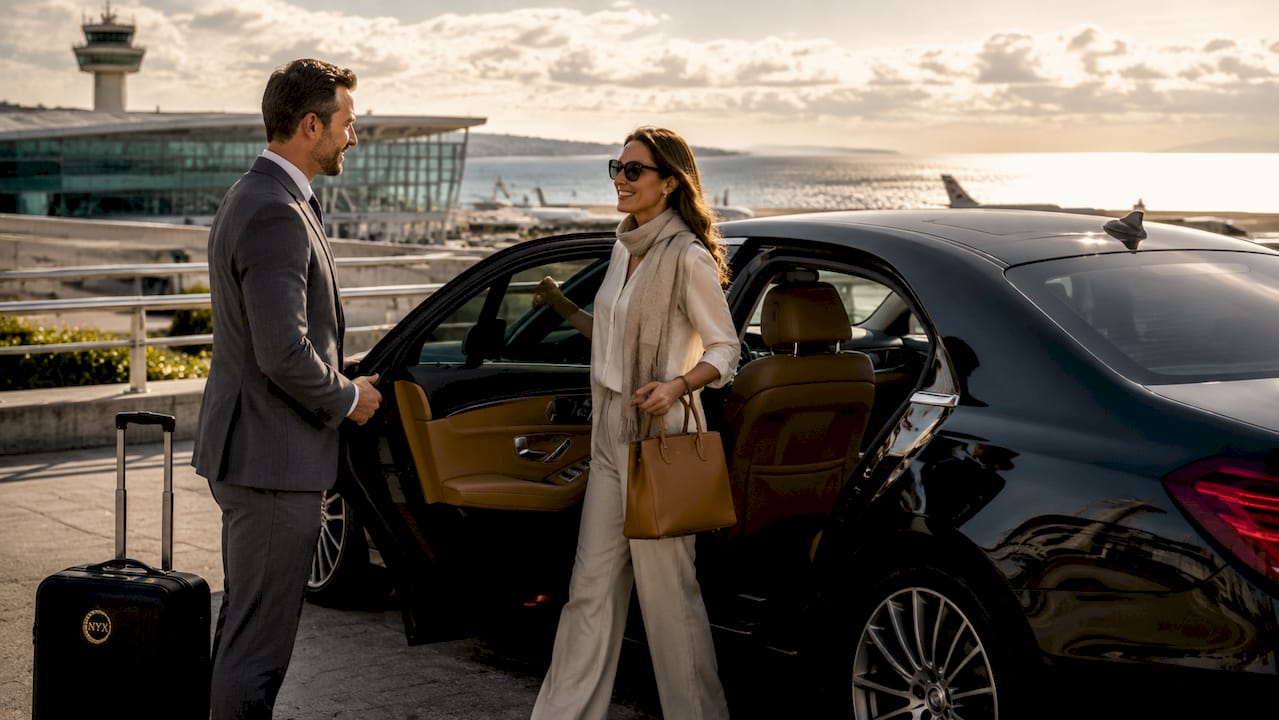 Mercedes-Benz sedan luxury transfer with chauffeur and passenger at Nice Airport amid Riviera backdrop
