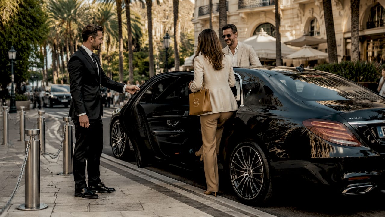 Mercedes sedan with chauffeur assisting travellers near Nice Airport luxury transfer