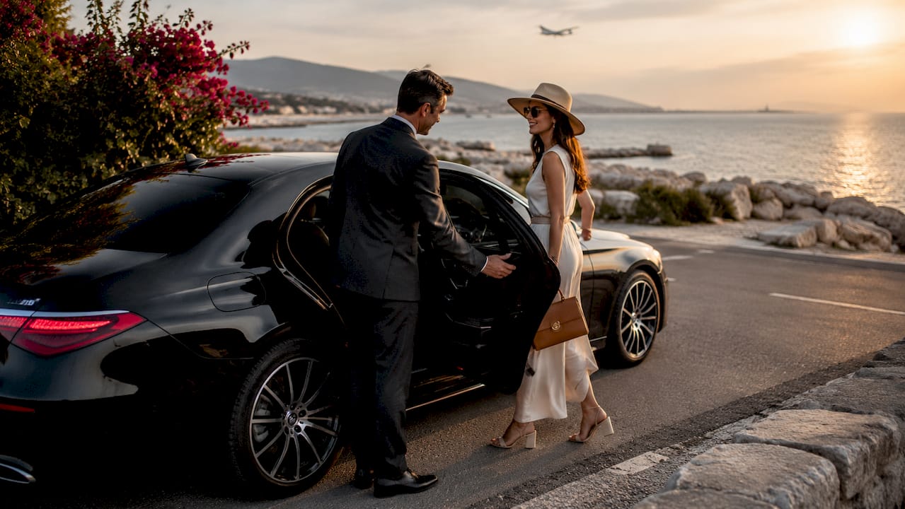 Mercedes-Benz sedan with chauffeur and passenger arriving at Nice Côte d'Azur Airport along scenic coastal road