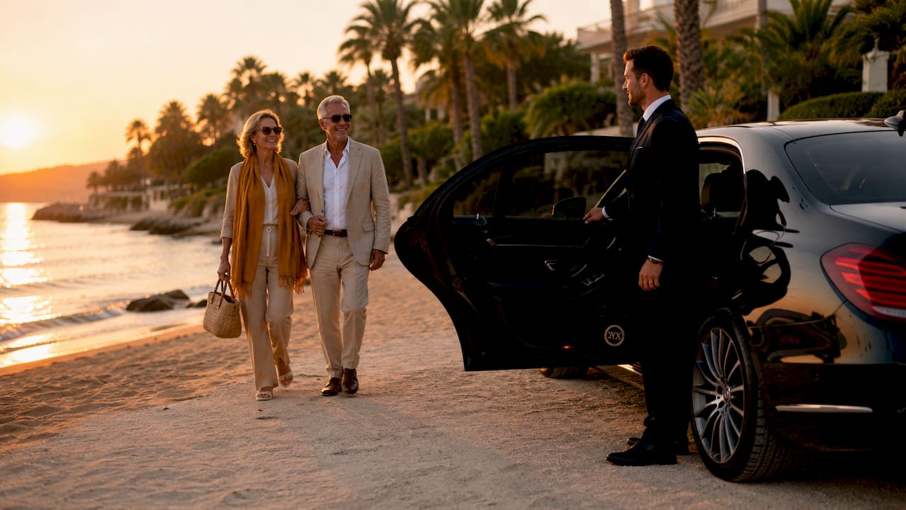 Mercedes-Benz luxury sedan with chauffeur and elegant passengers on coastal road near Cannes French Riviera.