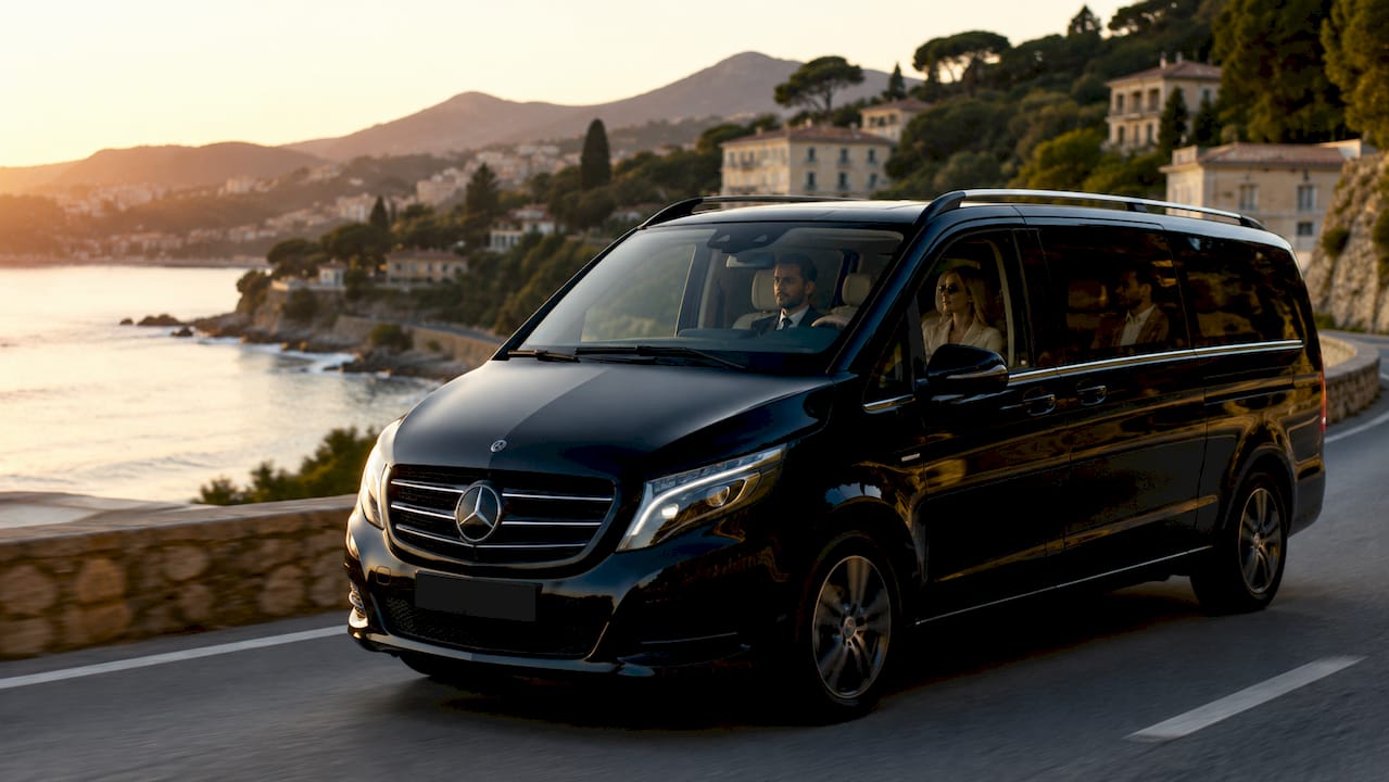 Mercedes van with private chauffeur driving along Cannes coastal road luxury ground transport